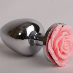 Серебристая анальная пробка со светло-розовой розочкой - 9,5 см.