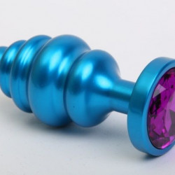 Синяя ребристая анальная пробка с фиолетовым кристаллом - 7,3 см.